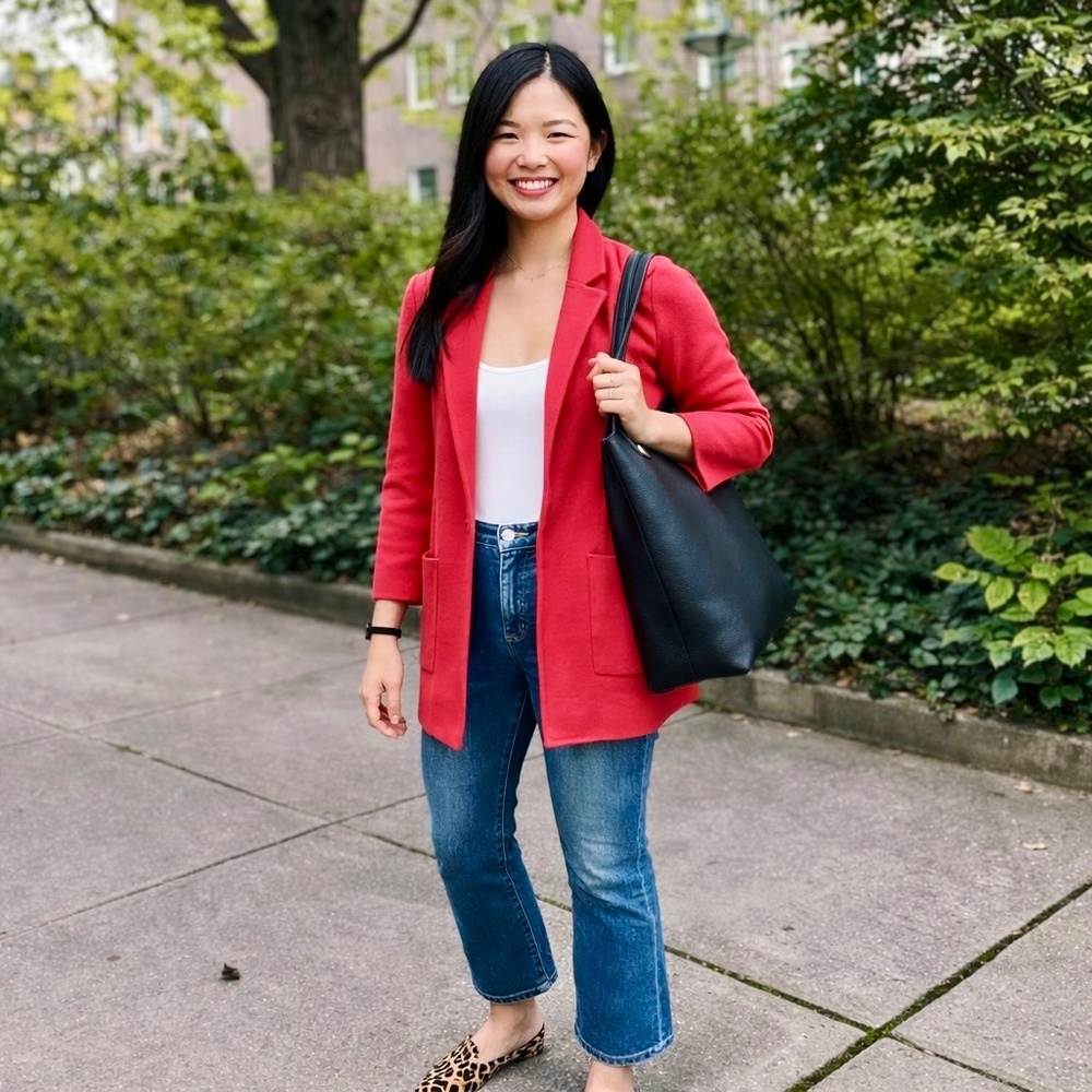 LOFT Red Open Front‎ Knit Blazer Cardigan with Pockets